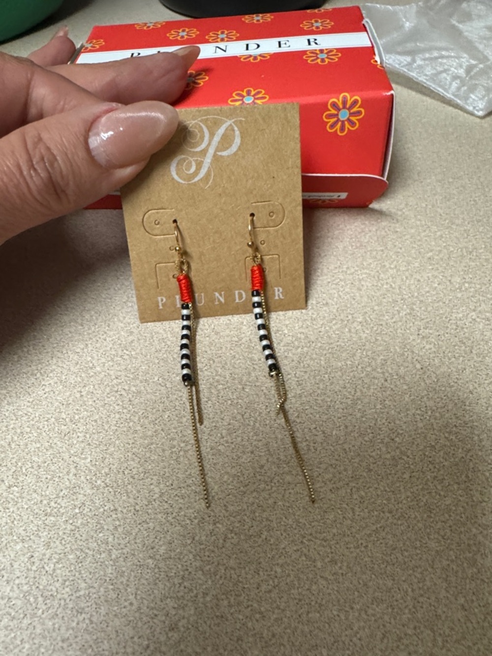Plunder Gold-Tone Drop Earrings with Red, Black and White Beads